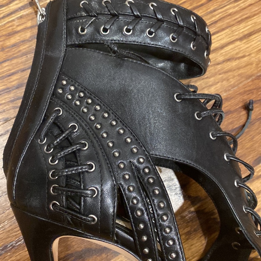 NWOT B Brian Atwood Black Leather Lusia Studded Lace Up Heels - Picture 7 of 12